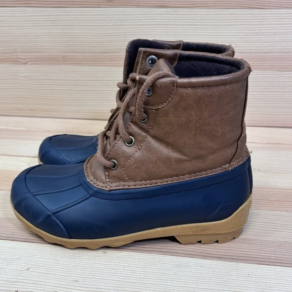 Sperry Boys Kids Port Boots Brown And Navy Sz 1 Youth Waterproof Rain Boots